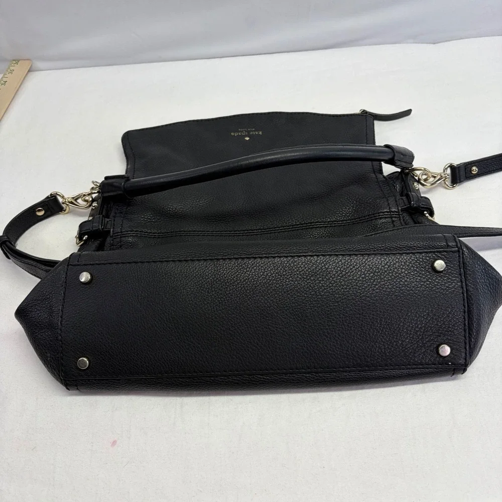 Kate Spade Crossbody Bag Medium Black Pebbled Leather Foldover Satchel Slouchy